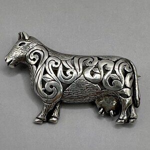 Cow Brooch Scroll Design Signed Jezlaine Sterling Silver Open Work Pin